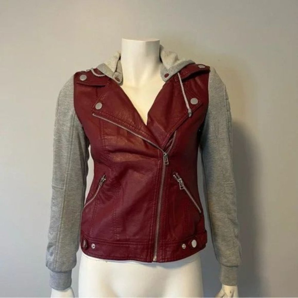 Material girl faux leather Moto jacket with detachable hood and knit sleeves S